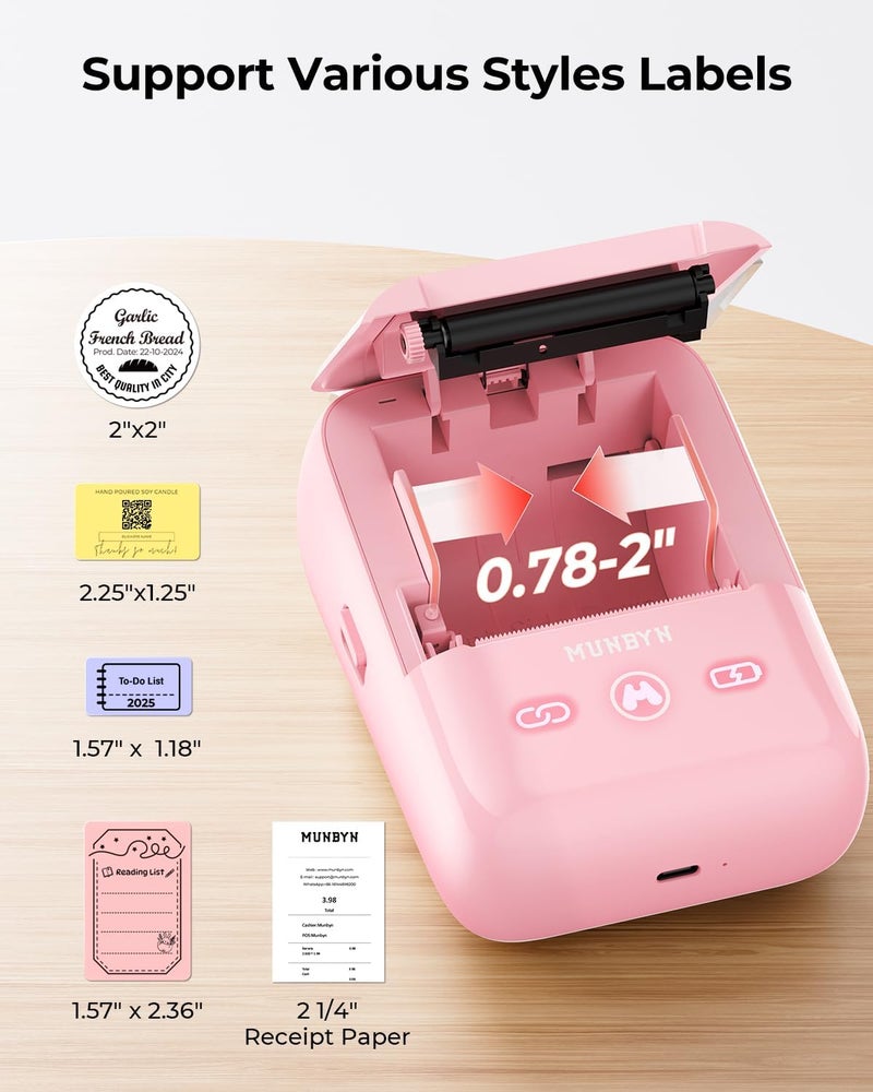 MUNBYN Portable Label Maker Machine with Tape,Bluetooth Thermal Printer with 1-Second Connect,Compatible with 0.78-2 Inch Labels,11H Battery for Small Business, Home, Office Organization (Pink) - Image 4